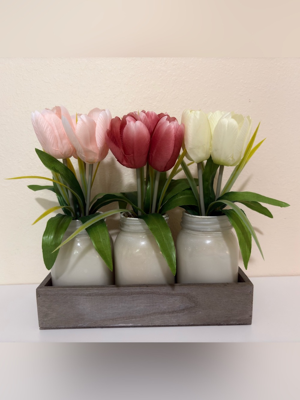 Sonoma Pink, Rose and Cream Tulip Trio in White Mason Jars